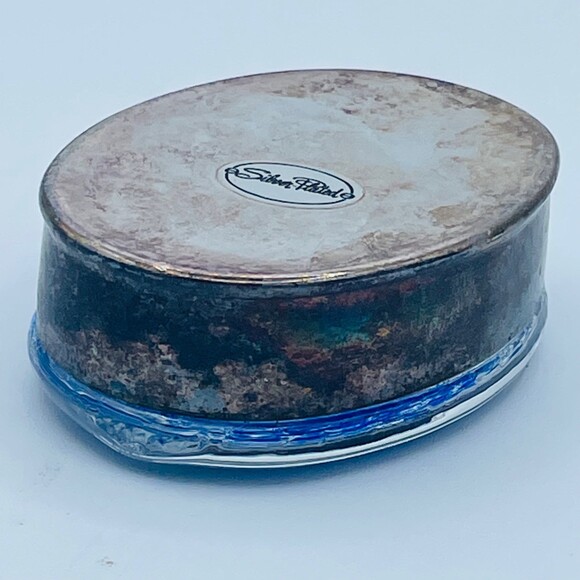 Vintage Oval Shaped Decorative Glass w/ Blue & Silver Accents Silver-Plated Base - Picture 7 of 11